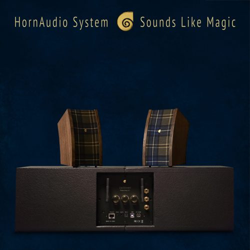 HornAudio SoRi 2 sound set with walnut wood sides and Rapalje David kilt fabric design.