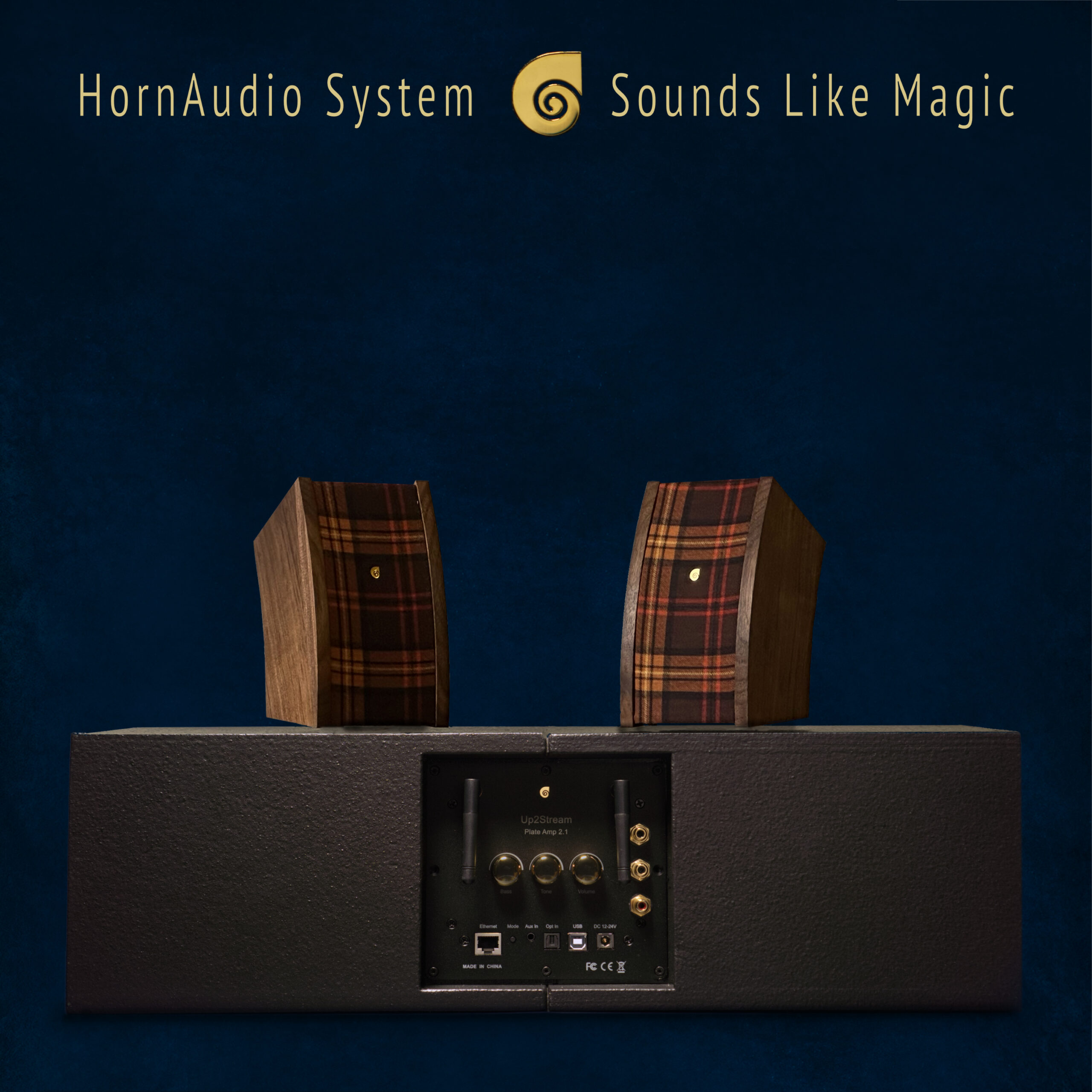 HornAudio SoRi 2 sound set with walnut wood sides and Rapalje Dieb kilt fabric design.