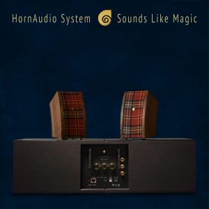 HornAudio SoRi 2 sound set with walnut wood sides and Rapalje Maceál kilt fabric design.