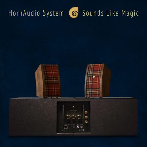 HornAudio SoRi 2 sound set with walnut wood sides and Rapalje Maceál kilt fabric design.