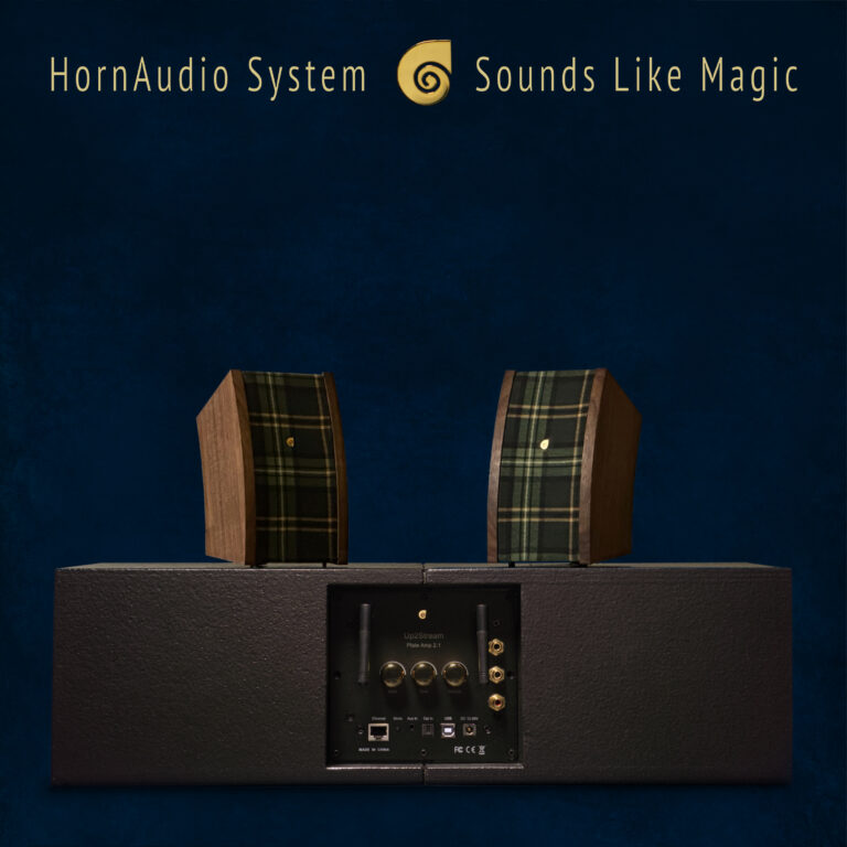 HornAudio SoRi 2 sound set with walnut wood sides and Rapalje William kilt fabric design.